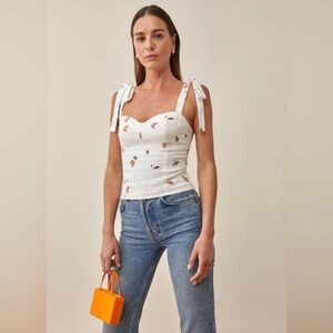 Reformation Jaxon Tie Shoulder Smocked Linen Tank